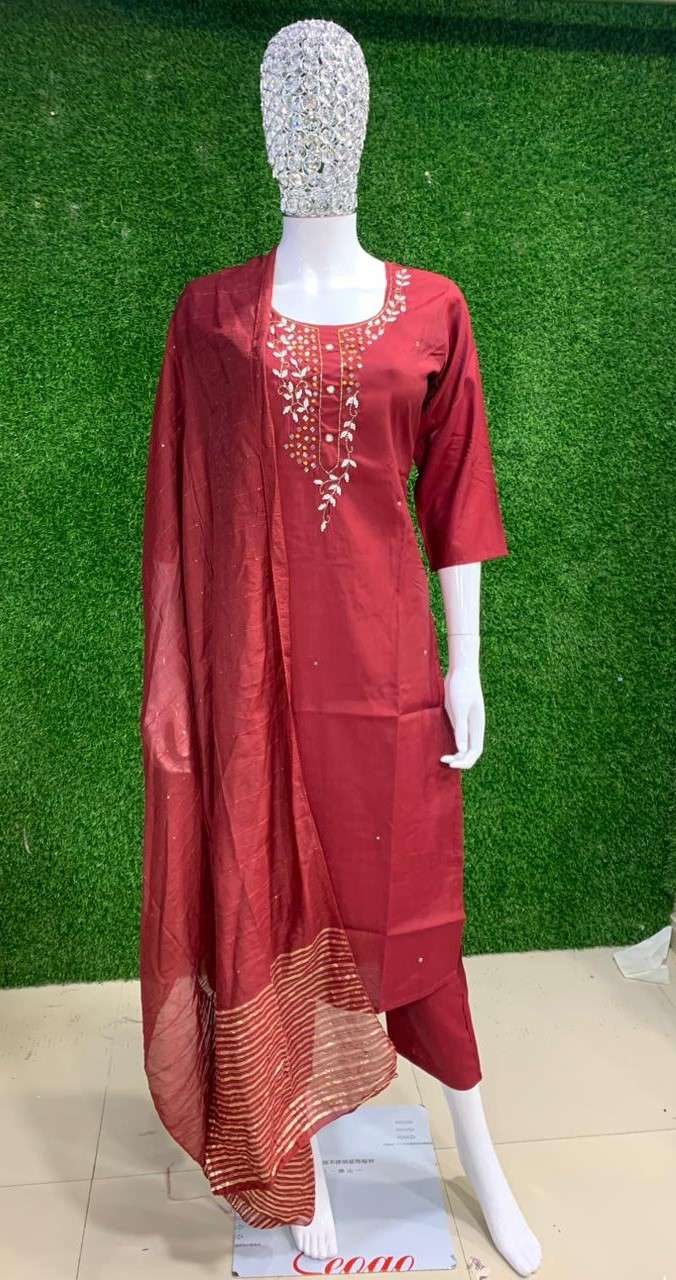 BEMITEX INDIA PRESENTS MODAL SILK FABRIC WITH HANDWORK BASED RED READYMADE 3 PIECE SUIT COMBO COLLECTION WHOLESALE SHOP IN SURAT